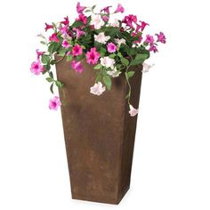 pink and white petunias in a brown planter on a white background with clippings