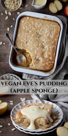 an image of a dessert with apples in the background and text overlay that reads vegan eve's pudding apple sponge