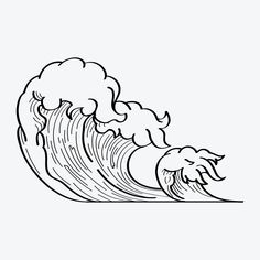 a black and white drawing of a large wave in the ocean with clouds above it