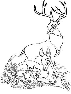 an adult deer and baby deer in the grass with flowers coloring pages for kids, free printable