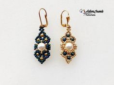 two pairs of gold and blue beaded earrings with pearls on each earring side by side