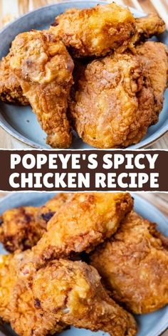 two plates filled with fried chicken and the words pope's spicy chicken recipe