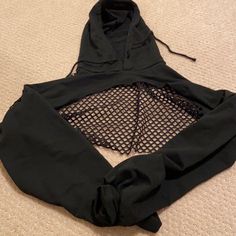 Hella Cute Mesh Cropped Hoodie Size Xsmall-Small Never Worn Bought For A Rave But Never Wore Black Y2k Style Hoodie Top, Y2k Black Hoodie Top, Y2k Style Black Hoodie Top, Stretch Long Sleeve Hoodie For Summer, Stretch Long Sleeve Summer Hoodie, Edgy Cotton Sweatshirt For Spring, Y2k Black Hooded Top, Fitted Black Hoodie For Spring, Edgy Spring Cotton Hoodie