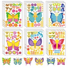 six butterfly stickers are shown in different colors and sizes, including yellow, blue, pink