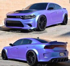 two pictures of the same car in different colors, one is purple and the other is blue