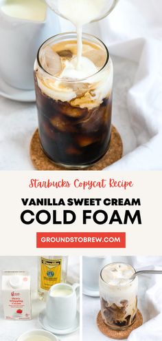 Pouring homemade Starbucks vanillla sweet cream cold foam into glass of cold brew coffee. Cold Brew Coffee Starbucks, Sweet Cold Foam, Vanilla Sweet Cream Cold Foam, Diy Coffee Drinks, Foam Coffee, Sweet Cream Cold Foam, Vanilla Sweet Cream, Cream Cold Foam, Nespresso Recipes