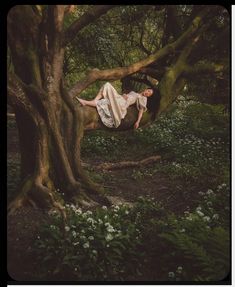 a woman laying on top of a tree in the forest with her legs spread out