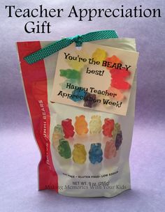 a teacher appreciation gift bag filled with gummy bears