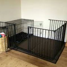 there are two cages with food in them on the floor next to each other and one is empty