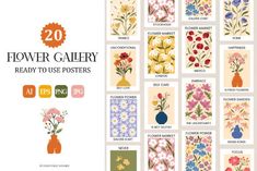 the flower gallery ready to use posters are displayed in different colors and sizes, including flowers