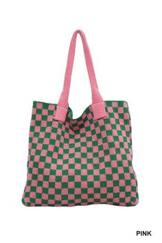 This checkered crochet knit bag in pink combines fashion and versatility with its durable and comfortable material and spacious design. Constructed with a lightweight aesthetic, it features a tote bag handle and measures 16.34" in height, 14.37" in width, and 1.18" in depth. Perfect for commuting or casual outings. Trendy Plaid Tote Bag, Casual Pink Square Bag, Trendy Rectangular Crochet Bag For Errands, Trendy Crochet Tote Bag For Errands, Casual Pink Rectangular Crochet Bag, Casual Pink Crochet Rectangular Bag, Plaid Rectangular Shopping Bag, Large Capacity Pink Crochet Bag For Shopping, Casual Pink Crochet Bag For Daily Use