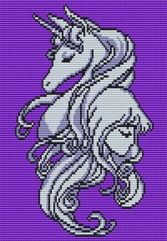 a cross stitch unicorn with long manes on it's head, and purple background