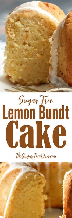 a lemon bundt cake with white icing on top and the words, sugar free lemon bundt cake