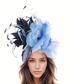 Hats By Cressida Kentucky Derby & Ascot Fascinator Hats Spring Summer Hat & Fascinator Collection Royal Blue & Navy Feather and Silk Fascinator Hat Gorgeous trimmed feathers surround large silk rose  with a saucer sinamay base Base measures about 12 inches wide Mounted with a matching headband. If you prefer a headband to match your hair, please make a note at check out what colour headband you want. We make each hat to order just for you, we would prefer if you did not order for choice. If colour match is important to you please ask for free fabric swatch to be sent to you - this reduces returns and disappointment.   We can also make a custom design for you if you have something else in mind.  RETURNS: We accept returns ONLY within 7 days of receipt.  There will be no exceptions to this p Elegant Carnival Evening Hair Accessories, Light Blue Headpiece For Royal Ascot Party, Elegant Evening Headband For Carnival, Elegant Hair Accessories For Races And Carnival, Light Blue Headpiece For Kentucky Derby Party, Elegant Hair Accessories For Carnival Races, Elegant Hair Accessories For Carnival, Light Blue Mini Hat For Kentucky Derby Party, Blue Spring Headpieces For Events