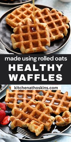 waffles are being drizzled with syrup on top and the words, made using rolled oats healthy waffles