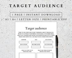 a sheet of paper with the words target audience on it and a pen next to it