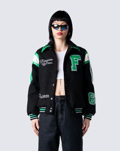 Captain of the bad b*tches 😘 Lead your team in style with this black and green varsity jacket Sporty Long Sleeve Varsity Jacket For Streetwear, Trendy Long Sleeve Varsity Jacket For Sports, Trendy Varsity Jacket With Letter Print For Sports, Black College Outerwear With Letter Print, Trendy Letter Print Varsity Jacket For Sports, Hip Hop Varsity Jacket With Ribbed Cuffs For Fall, Trendy Varsity Jacket With Baseball Collar, Sporty Varsity Jacket With Baseball Collar For Streetwear, Hip Hop Sports Outerwear For Fall