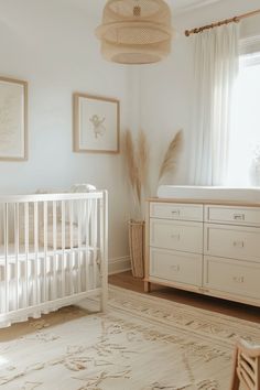 a baby's room with a crib and dresser