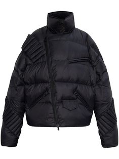 black panelled design padded panels off-centre front zip fastening notched lapels zip-fastening chest pocket two side zip-fastening pockets long sleeves embroidered logo to the rear straight hem Designer Puffer Jacket With Padded Collar For Streetwear, Designer Streetwear Puffer Jacket With Padded Collar, Designer Nylon Puffer Jacket, Designer Long Sleeve Nylon Puffer Jacket, Puffer Jacket Women, City Dress, Black Puffer, Iconic Bags, Black Panels