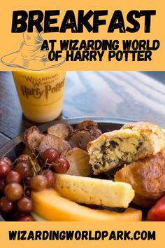 a plate full of different types of food with the words breakfast at wizard world of harry potter