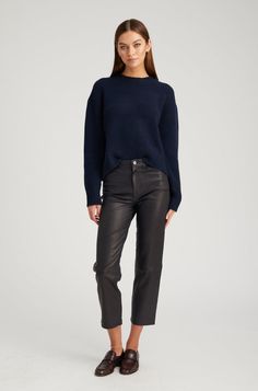 A luxurious take on a classic straight-leg fit made in our signature stretch-leather which is effortlessly chic and easy to wear. Featuring functional five pockets, belt loops, and an-ultra slimming fit these pants strike the perfect balance of modern and edgy. With a wide range of styling options these pair well with heeled boots or sneakers, a cable sweater, or a blouse. COLOR: Navy Blue Suede Fashion, Cable Sweater, Navy Leather, Straight Leg Pants, Leather Fashion, Leg Pants, Casual Pants, Heeled Boots, Straight Leg