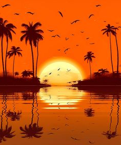 an orange sunset with palm trees and birds flying over the water