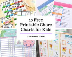 the top ten free printable chore chart for kids is shown in this collage