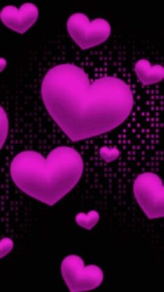 pink hearts are floating in the air on a black and purple background with squares around them