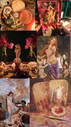 there are many pictures of different things in this collage, including candles and figurines