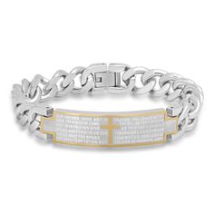 Not just a statement of faith but a reminder of His love, this men's identification bracelet is a style he'll choose to wear often. Crafted in stainless steel and yellow ion plate, this curb chain bracelet features an ID plaque etched with the Lord's Prayer, complemented with a simple yellow cross. Polished to a bright shine, this meaningful 8.5-inch bracelet secures with a fold-over clasp. The Lord's Prayer, Curb Chain Bracelet, Lord's Prayer, The Lords Prayer, Id Bracelets, Curb Chain, Bracelet Designs, Stainless Steel Bracelet, Fashion Bracelets