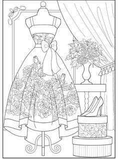 a coloring page with a dress and shoes on display in front of a flowered window