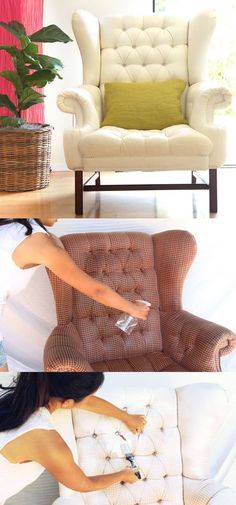 three different types of couches and chairs with one woman pointing at the chair in front