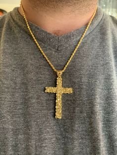 "Beautiful handmade gold cross pendant with trendy nugget design. 1.5\" by 2.25\" (2.5\" w. bale) Weighs around 11 grams Handmade! Will never turn green! SOLID 925 SILVER with 14k gold plating But just cross or with choice of 2.5mm rope chains. Rope Chains are made in Italy and are also solid 925 sterling silver with gold finish SELECT \"0\" IF YOU ONLY WANT THE PENDANT WITHOUT CHAIN If you buy pendant only it will fit most chains up to 5mm thick! Ships fast Let us know if you have any questions Gold Cross Necklace With Rope Chain, Yellow Gold Cross Pendant Jewelry With Rope Chain, Yellow Gold Cross Pendant With Rope Chain, Gold Cross Rope Chain Jewelry, Yellow Gold Rope Chain With Cross Pendant Jewelry, Gold Cross Necklace With Rope Chain As A Gift, Gold Rope Chain Cross Jewelry, Ice Necklace, Throwing Fits