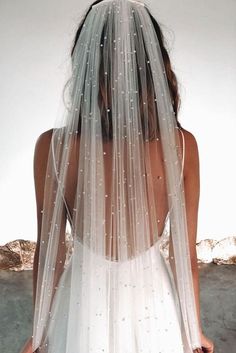 the back of a woman's wedding dress with beaded veil on her head