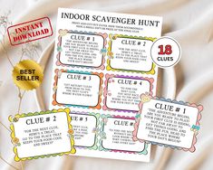 three printable scavenger hunt cards on a table