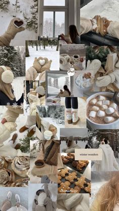 a collage of photos with people in winter clothes and food on snow covered ground