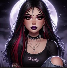 a woman with long black hair and piercings on her nose is standing in front of a full moon