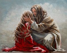 a painting of jesus sitting on the ground with his hands together