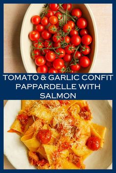 tomato and garlic confit papparella with salmon on the side in a white bowl