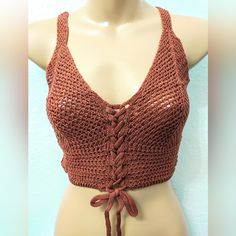 Super Cute Boho Knit Crop Top Perfect For Festival (Coachella) Attire Could Be Worn As Is Or As A Cover Up Fitted V-neck Crochet Top, Brown Knitted Crochet Top For Summer, V-neck Knit Top With Crochet Lace, Knit V-neck Top With Crochet Lace, Crochet Lace Knit V-neck Top, V-neck Crochet Lace Knit Top, Brown Crochet Top For Vacation, Brown Open Knit Beach Top, Crochet Brown Top For Vacation