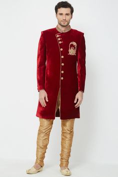 Buy Men's Velvet  Embroidery  Sherwani Set in Maroon  Online Festive Semi-stitched Kurta For Reception, Traditional Bandhgala For Reception During Diwali, Fitted Sherwani With Intricate Embroidery And Traditional Drape, Designer Embroidered Dupatta For Reception, Kundan Kurta For Eid Reception, Formal Churidar With Dupatta For Navratri, Eid Kundan Traditional Wear For Reception, Fitted Sherwani With Intricate Embroidery In Traditional Drape, Embroidered Straight Kurta Bandhgala For Reception