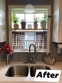 a kitchen sink sitting under a window next to a window sill with potted plants