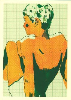 a drawing of a man with his back turned to the side, in green and orange