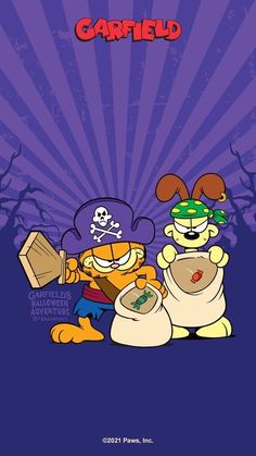 the simpsons character poster for garfield's halloween party, featuring two cartoon characters with pumpkins in their hands