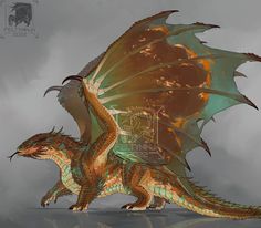 an image of a dragon with wings that are green and gold on it's back