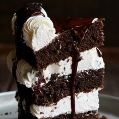 a piece of chocolate cake with white frosting