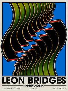 the poster for leon bridges is shown in blue, green and yellow colors with wavy lines