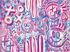 an abstract painting with numbers and symbols in pink, blue, and purple colors on a white background