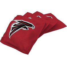 two atlanta cardinals red cornhole tossers with silver logo on each side and the word,