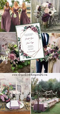 purple and green wedding color palettes with flowers, greenery, candles and menu cards